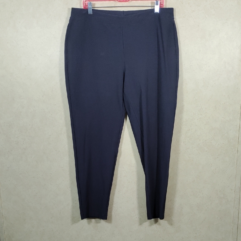 H155 Eileen Fisher navy blue crepe knit stretch pull on pants XL